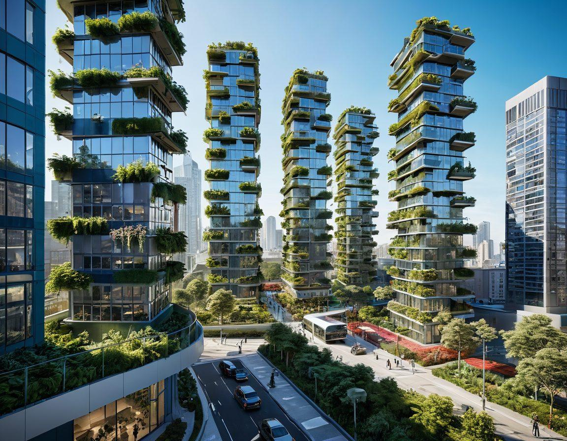 A futuristic cityscape showcasing Blonco's eco-friendly innovations, featuring sleek green buildings adorned with solar panels and vertical gardens. Include diverse people engaging with smart, sustainable technology, such as electric vehicles and waste management solutions. The atmosphere is bright and optimistic, with clear blue skies and lush greenery throughout the scene. super-realistic. vibrant colors. 3D.