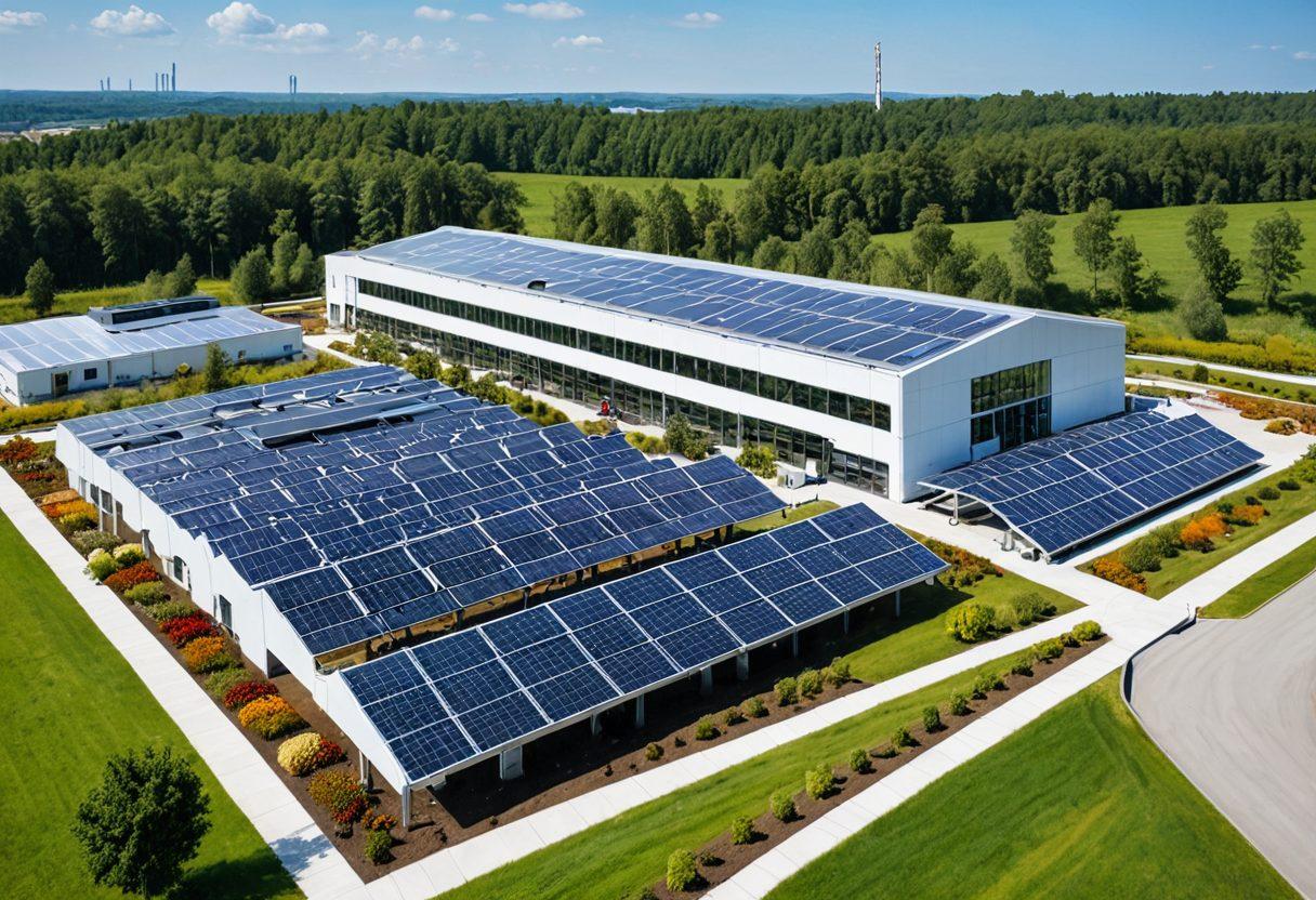 A harmonious blend of nature and technology, showcasing a sleek, modern factory with green rooftops and solar panels, intertwined with vibrant greenery and colorful flowers. Workers are seen engaging in efficient production processes while using sustainable materials. In the background, a clear blue sky symbolizes a future of clean energy and innovation. Emphasize sustainability and quality in the architecture and surroundings. super-realistic. vibrant colors. white background.