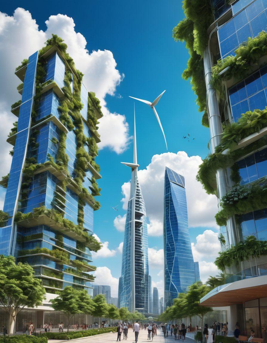 A futuristic cityscape showcasing innovative sustainable technology, featuring solar panels, green skyscrapers, and wind turbines integrated into the design. Include people interacting with smart devices and lush greenery throughout the environment, symbolizing harmony between technology and nature. The sky should be bright blue with fluffy clouds. vibrant colors. super-realistic.
